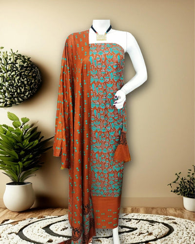 Katan Silk Intricate Blockprint Brown Suit