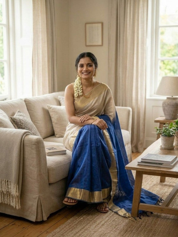 Handloom Kota Silk Beige & Royal Blue Saree