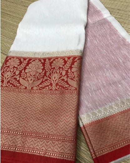 6993-Silk Linen Banrasi Brocade Weaving Handloom White Saree with Blouse