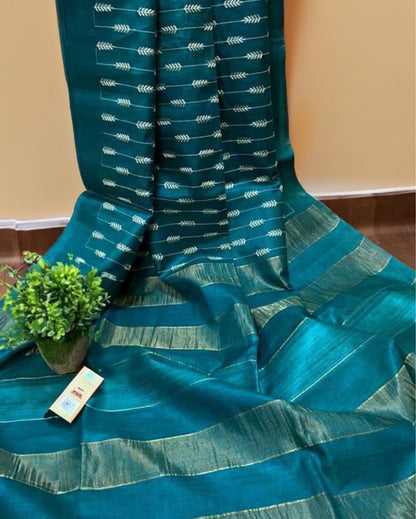 Silkmark Luminous Eri Tussar Silk Embroidered Rama Green Saree