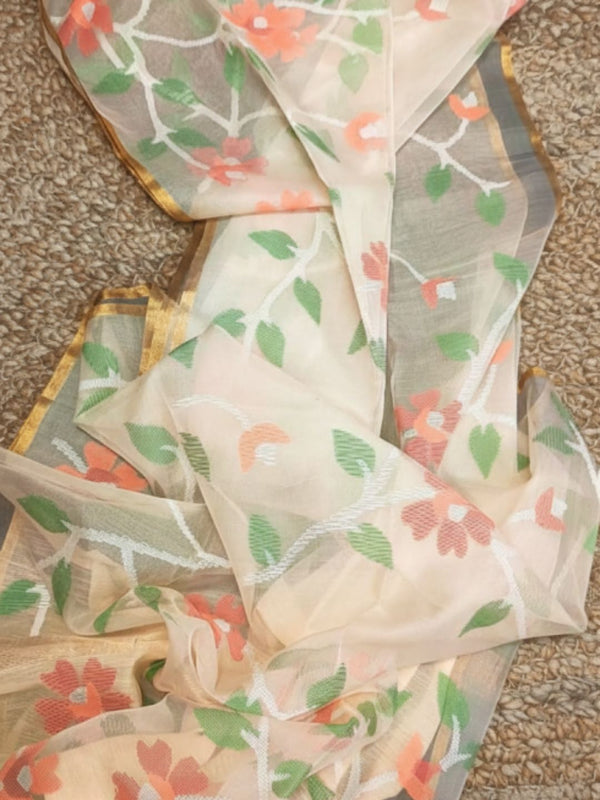 Indiehaat | Pure Muslin Silk Jamdani Saree Beige