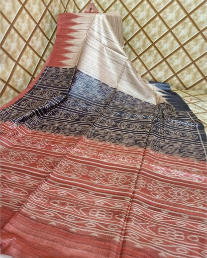 7552-Silkmark Certified Tussar Silk Handloom Handblock Printed Biege Saree with Blouse