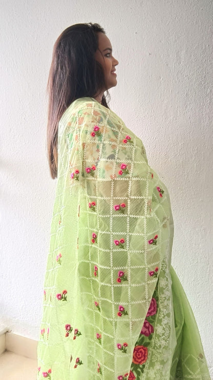 3306-Kota Doria Embroidery Saree Green Color with blouse Handcrafted