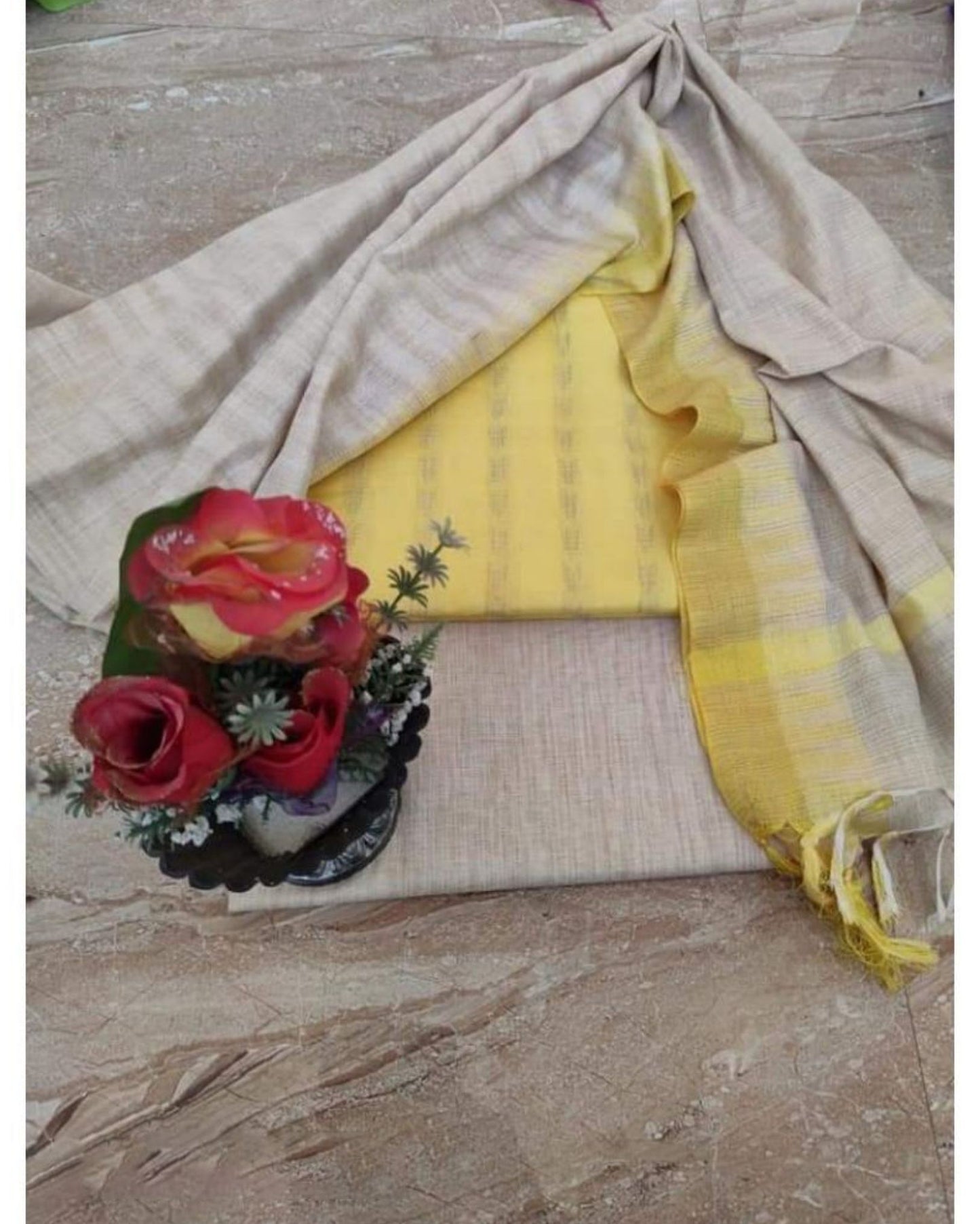 8663-Handcrafted Khadi Cotton Weaving Design Yellow Suit Piece with Bottom and Dupatta