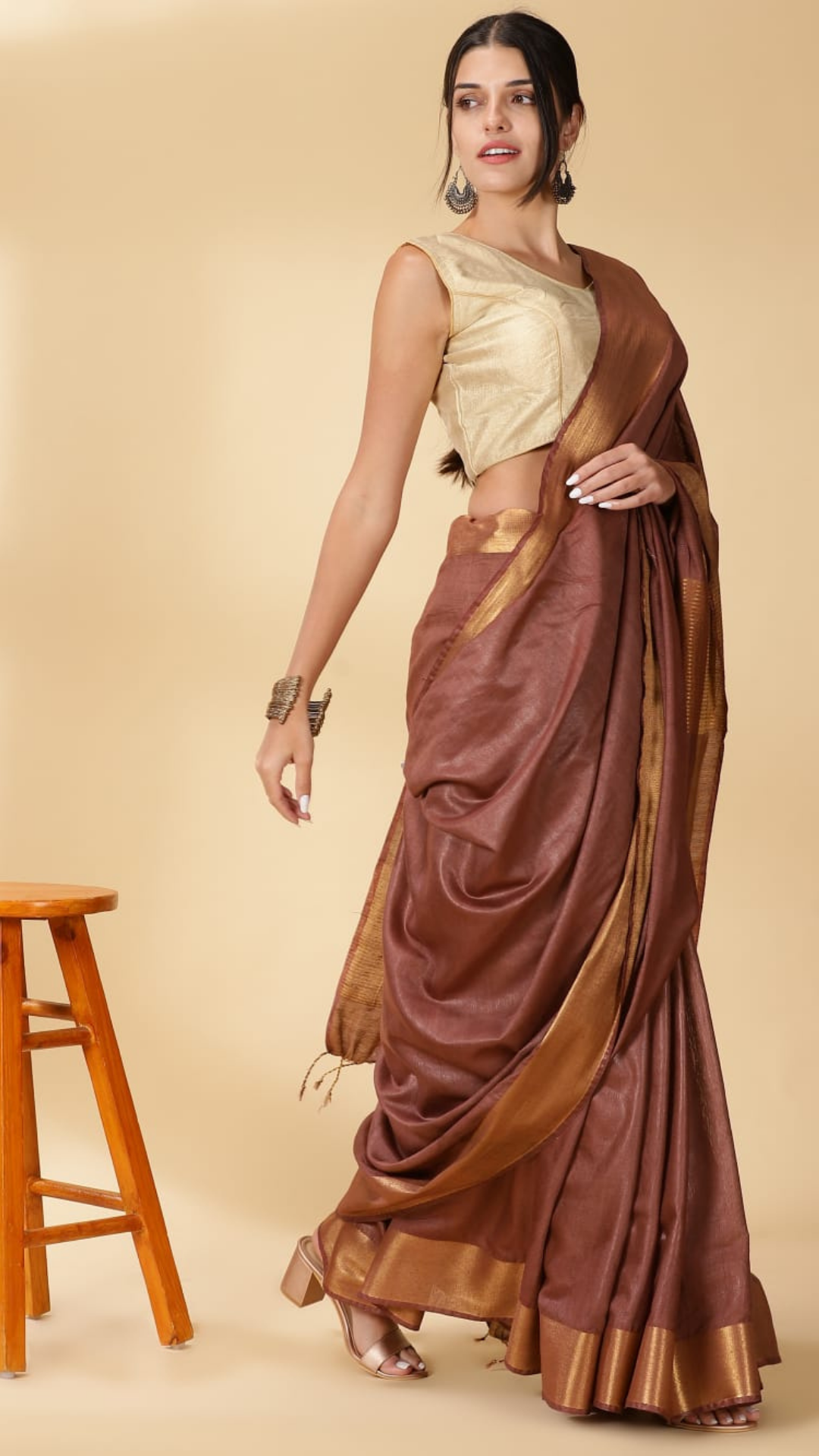 Handloom Jayashree Silk Saree Brown Colour with Running Blouse-Indiehaat