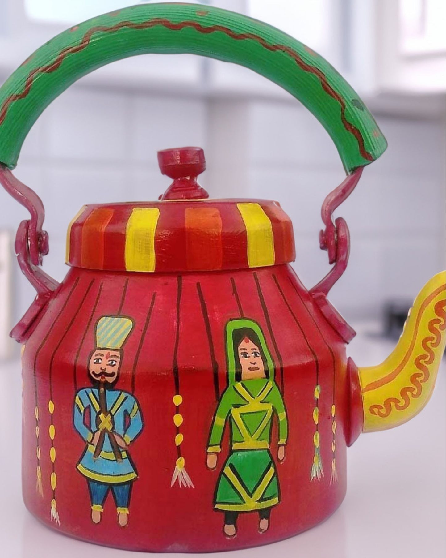 Lively Handpainted Red Green Metal Kettle