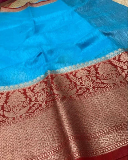 Reflective Banarasi Silk Linen Blue Handloom Saree