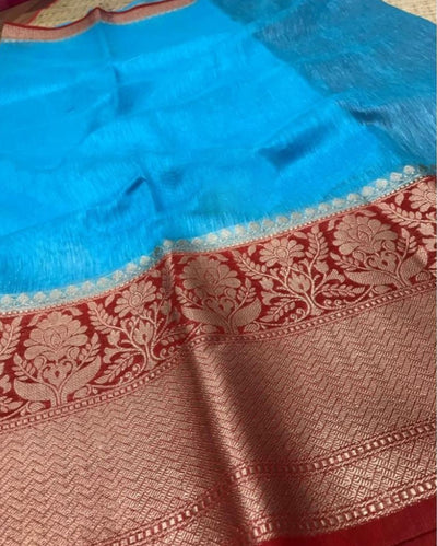 Silk Linen Banarasi Brocade Weaving Handloom Blue Saree with Blouse-Indiehaat