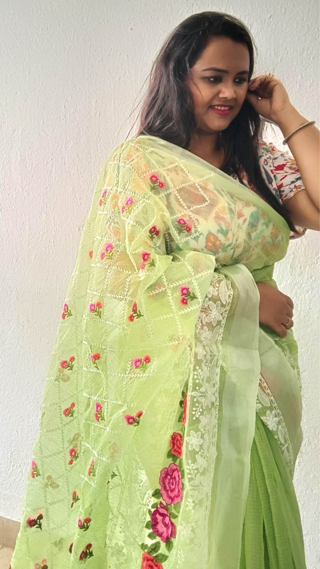 3306-Kota Doria Embroidery Saree Green Color with blouse Handcrafted