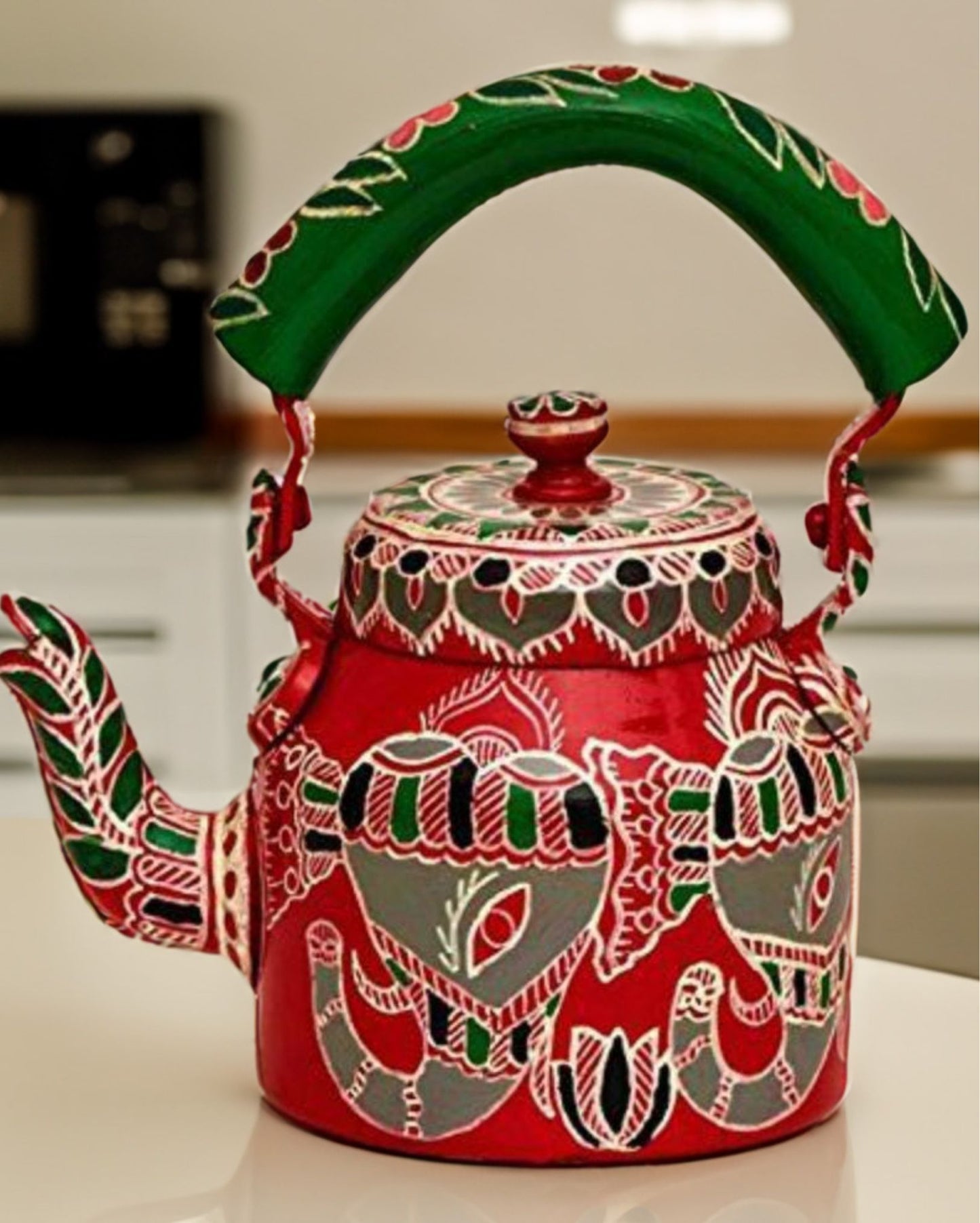 6613-Rajasthani Handpainted Red and Green Metal Kettles