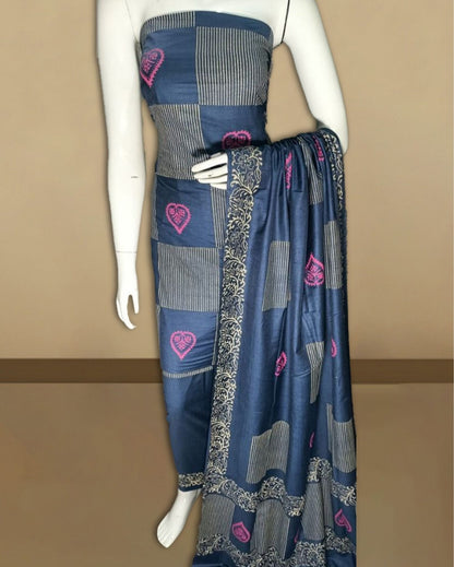 3218-Blue Katan Silk Suit Piece with Bottom and Dupatta Floral Handblock Print