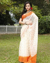 Vibrant Kota Doria Blockprinted White & Orange Saree