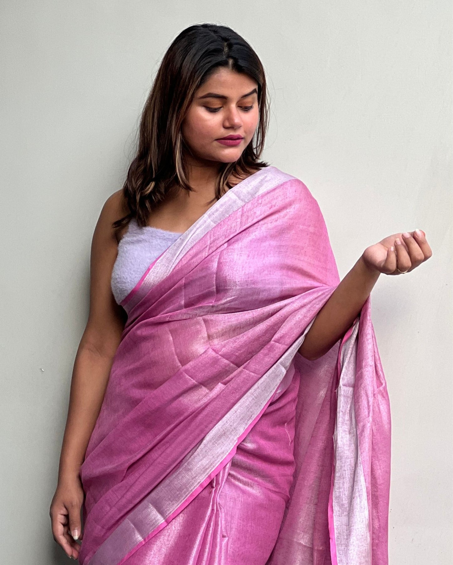 8131-Hand Dyed Pure Tissue Linen Pink Color Saree With Running Blouse