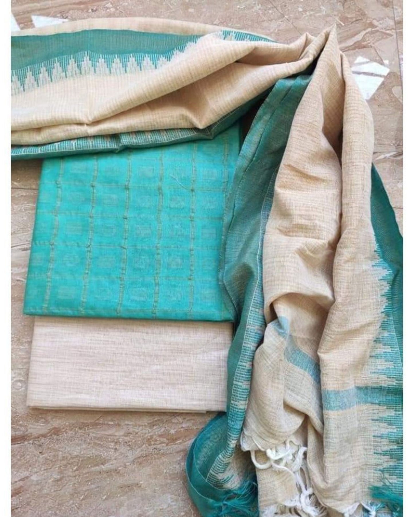 7215-Handcrafted Khadi Cotton Weaving Design Turquoise Blue Colour  Suit Piece with Bottom and Dupatta