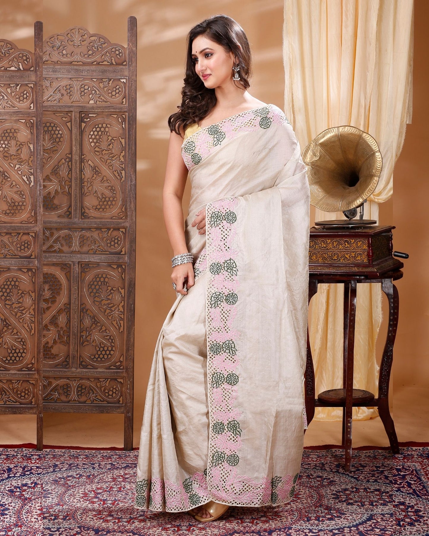 9842-Silkmark Certified Pure Tussar Hand Cutwork Beige Color Saree with Contrast Blouse