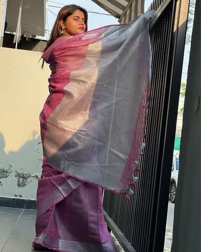 8131-Hand Dyed Pure Tissue Linen Light Purple Color Saree With Running Blouse