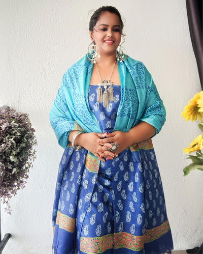 Katan Silk Decorous Blockprint Blue & Green Suit