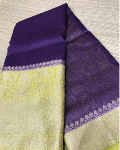 Silk Linen Banarasi Brocade Weaving Handloom Purple Saree with Blouse-Indiehaat