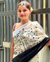 Pure Linen Handloom Saree Black & White Color Hand Embroidered with Running Blouse-Indiehaat