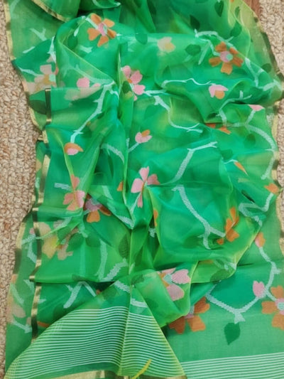 Indiehaat | Pure Muslin Silk Jamdani Saree Green