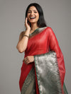 Silk Linen Banarasi Brocade Weaving Handloom Red Saree with Blouse-Indiehaat