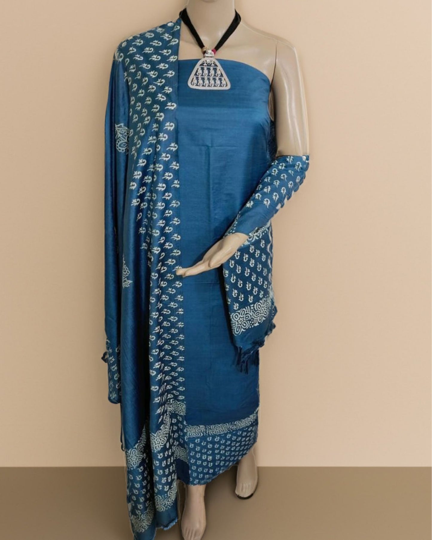6128-Katan Silk Printed Suit Piece Blue Color with Bottom and Dupatta Handcrafted
