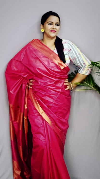 Handloom Jayashree Silk Saree Rose Red Color with Running Blouse-Indiehaat