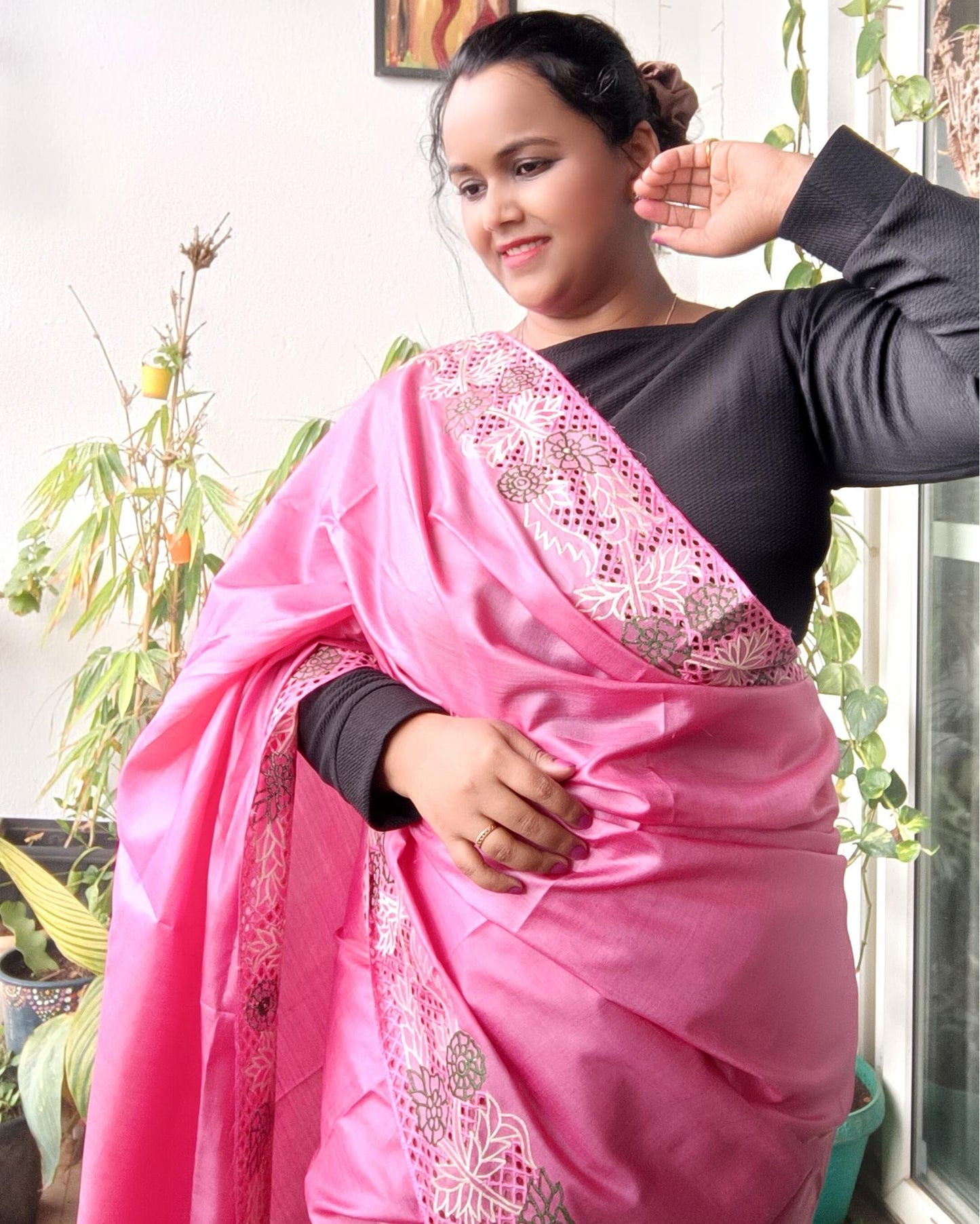 Silkmark Certified Lucid Pure Tussar Cutwork Pink Saree