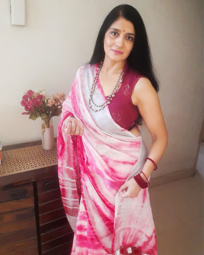 Linen Shibori Pink Hand Dyed Saree -Indiehaat
