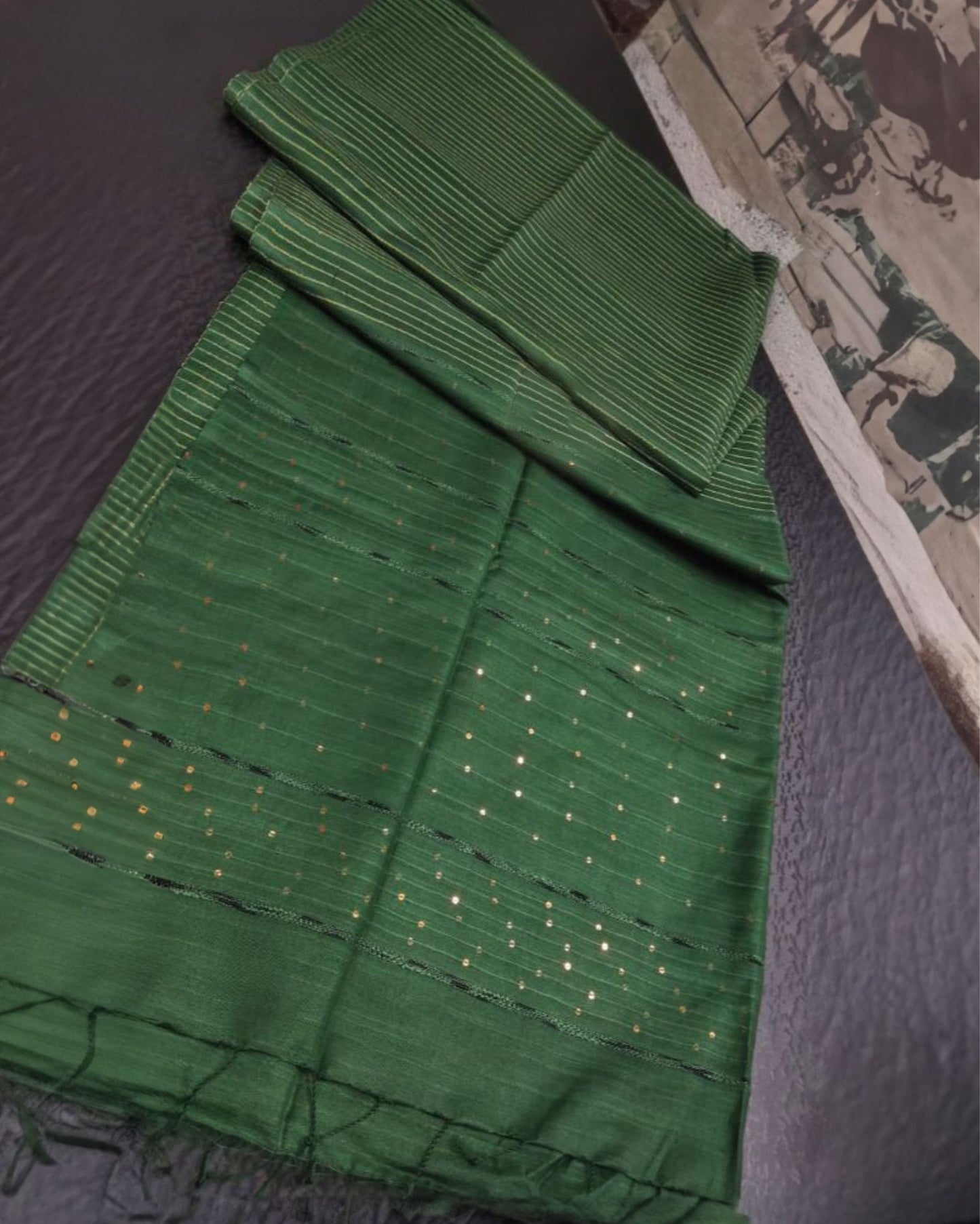 Striped Katan Silk Timber Green Saree Handcrafted