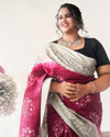 Slub Linen Batik Print Saree Red & Grey Color with running blouse-Indiehaat