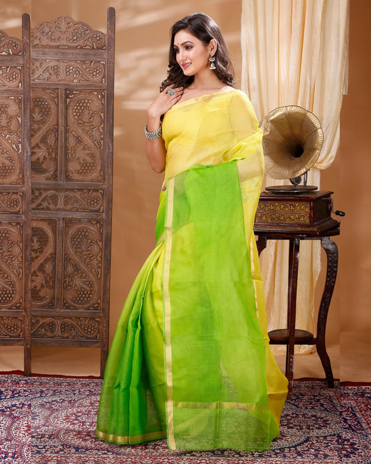 5401-Pure Silk Kota Doria Sarees Citron Green and Yellow Colour with running blouse