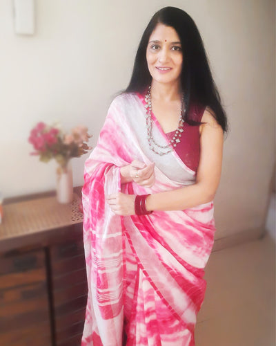 Linen Shibori Pink Hand Dyed Saree with Blouse-Indiehaat