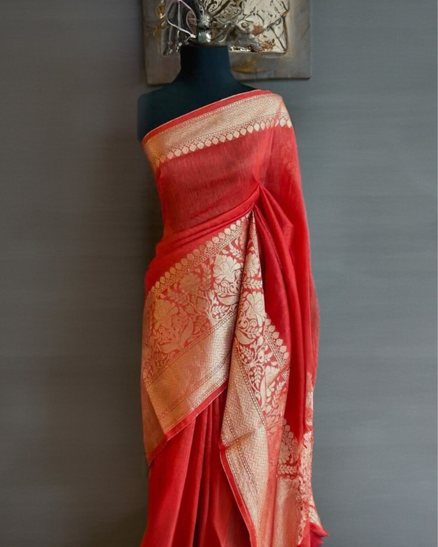 1650-Silk Linen Weaving Design Jacquard Handloom Red Saree with Running Blouse