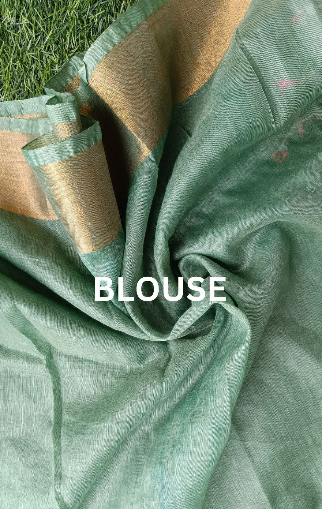 Silk Linen Embroidered Handloom Green Saree with Blouse-Indiehaat