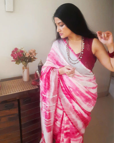 Linen Shibori Pink Hand Dyed Saree with Blouse-Indiehaat