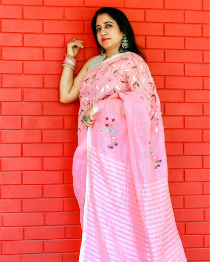 Color-Rich Pure Linen Handloom Saree Pink Embroidered