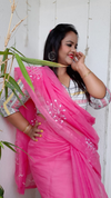 Kota Doria Embroidery Pink Saree with blouse Handcrafted-Indiehaat