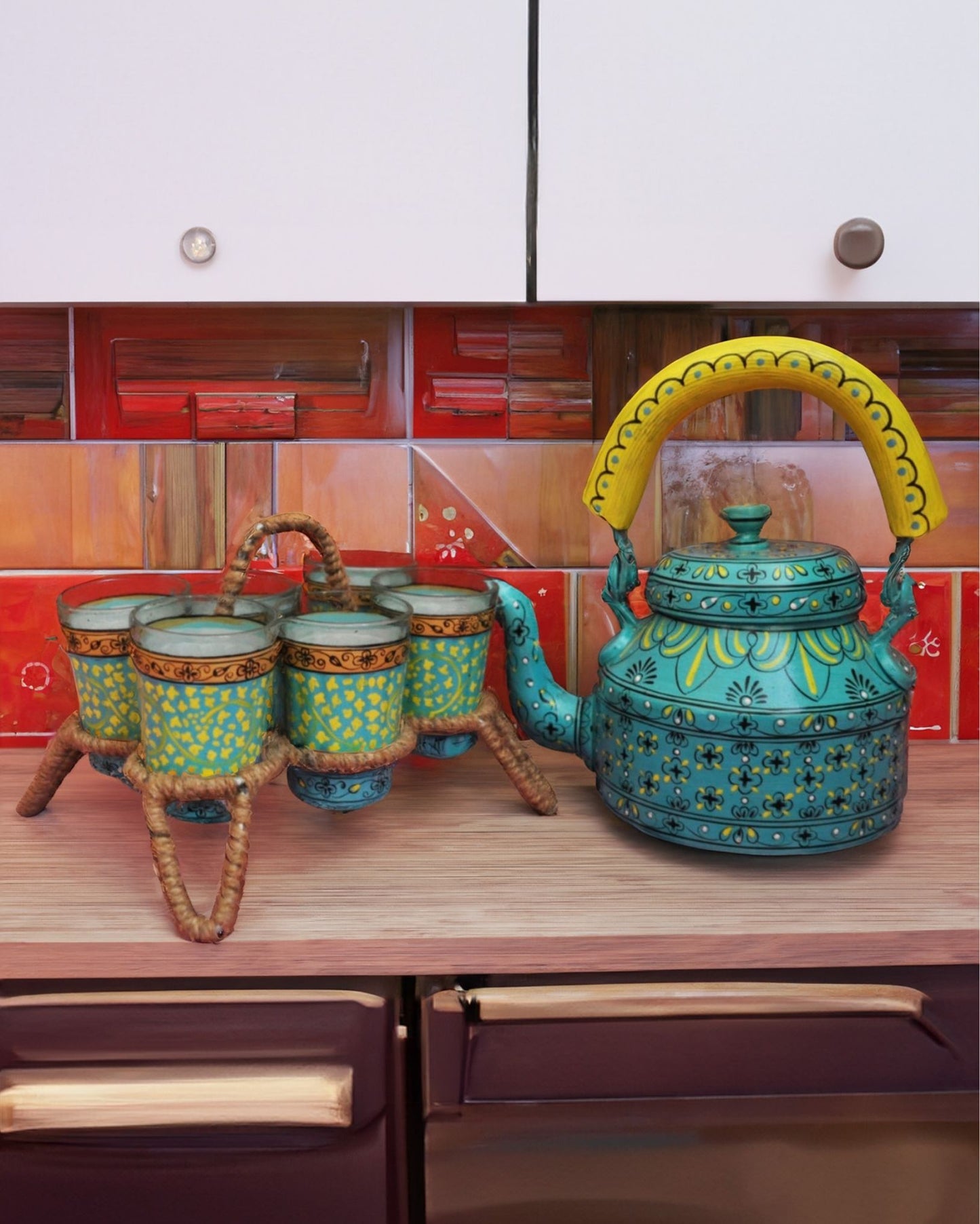 2286-Hand Painted Green coloured Aluminium Tea Kettle With Jute Stands And 6 Glasses
