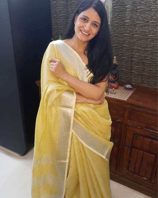 Ethereal Pure Tissue Linen Yellow Handdyed Saree
