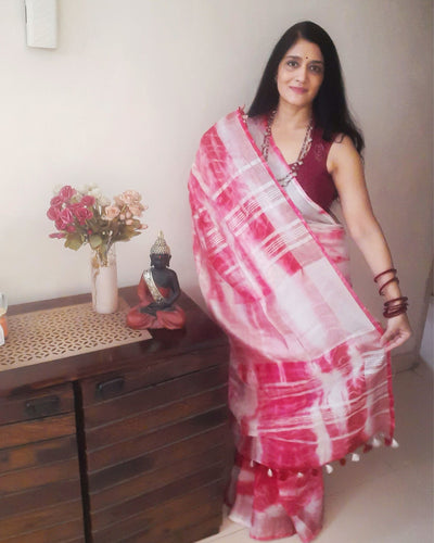 Linen Shibori Pink Hand Dyed Saree with Blouse-Indiehaat
