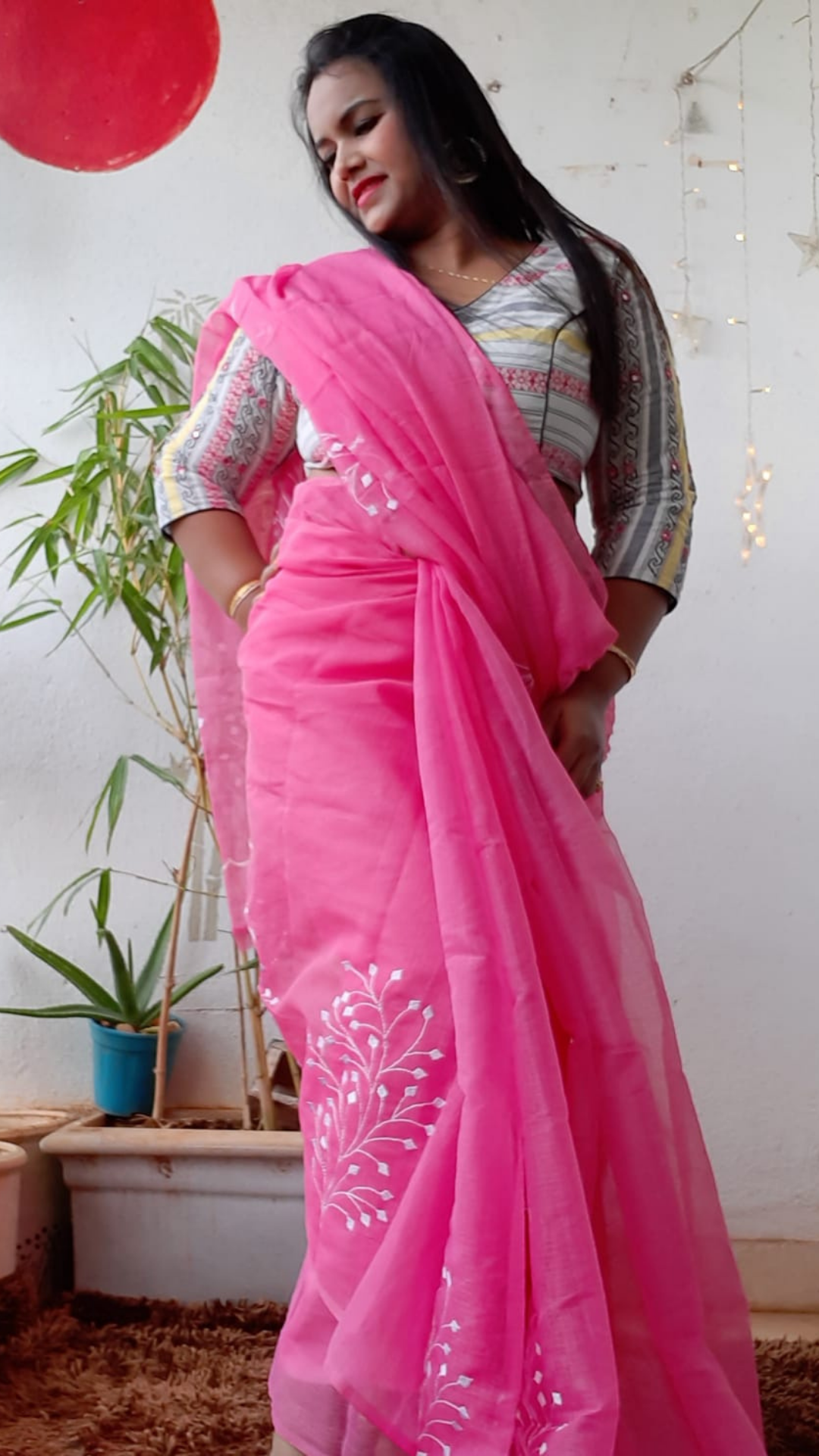 Kota Doria Embroidery Pink Saree with blouse Handcrafted-Indiehaat