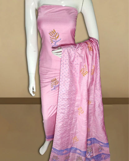4812-Pink Katan Silk Suit Piece with Bottom and Dupatta Floral Handblock Print