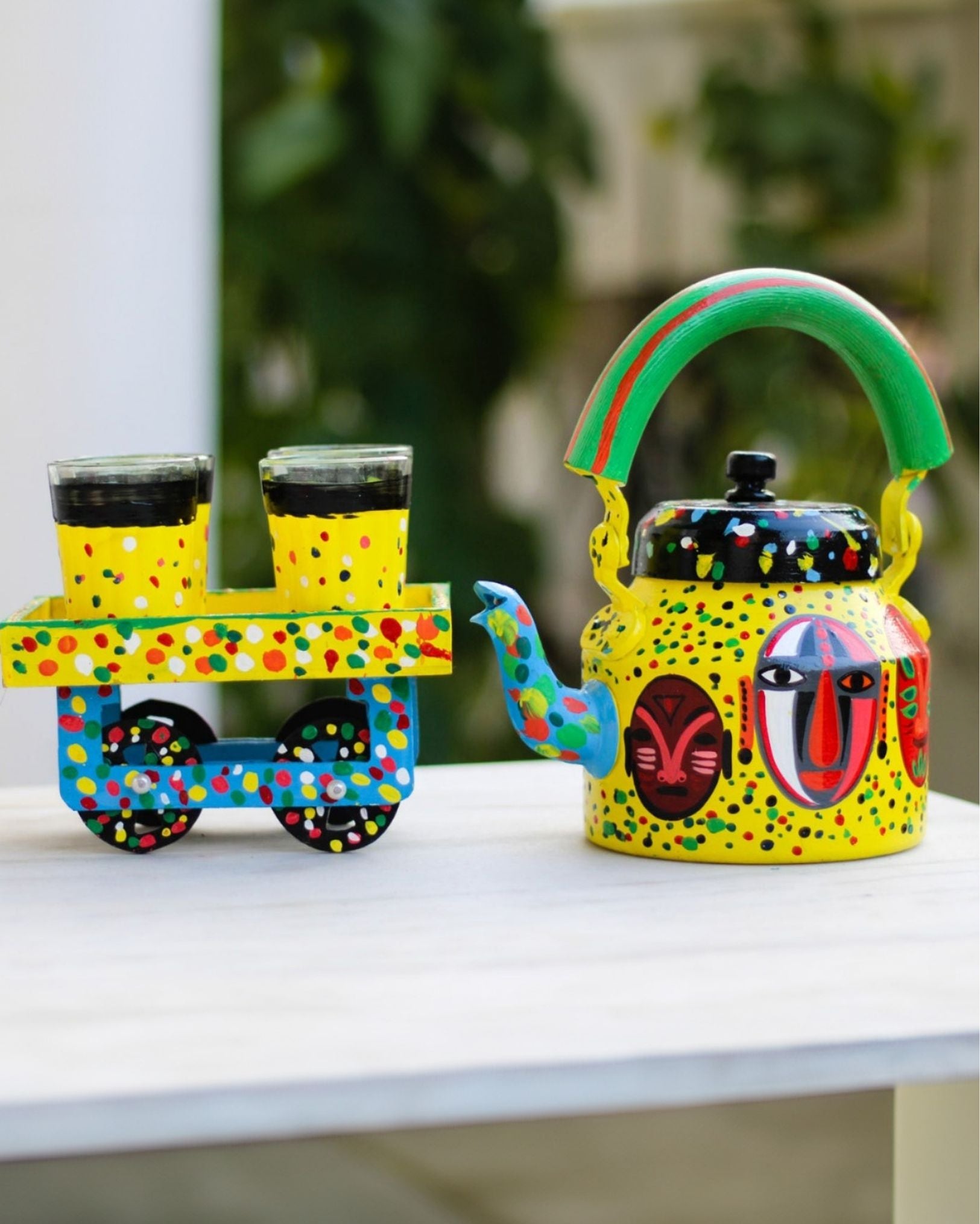 Hand Painted Yellow Aluminium Tea Kettle With 6 Glasses And Wooden Kart hand-painted-yellow-aluminium-tea-kettle-with-6-glasses-and-wooden-kart
