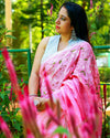 Pure Linen Handloom Saree Pink Color Hand Embroidered with Running Blouse-Indiehaat