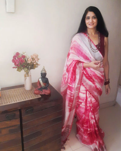 Linen Shibori Pink Hand Dyed Saree with Blouse-Indiehaat