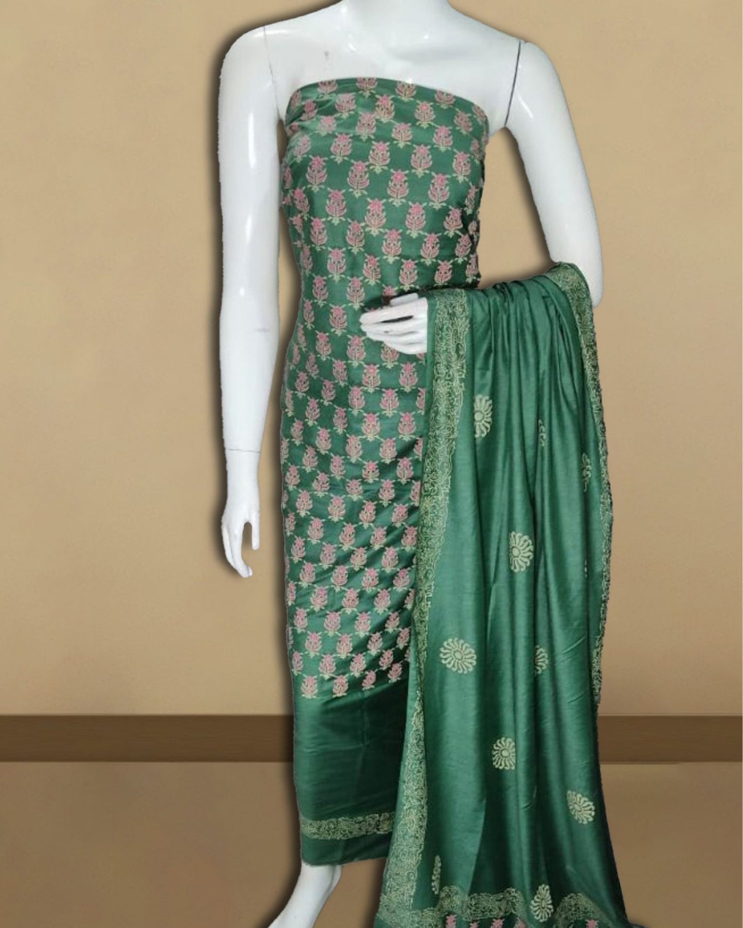 2072-Green Katan Silk Suit Piece with Bottom and Dupatta Floral Handblock Print