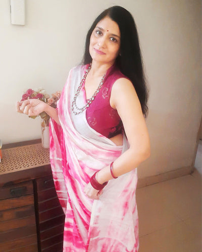 Linen Shibori Pink Hand Dyed Saree with Blouse-Indiehaat