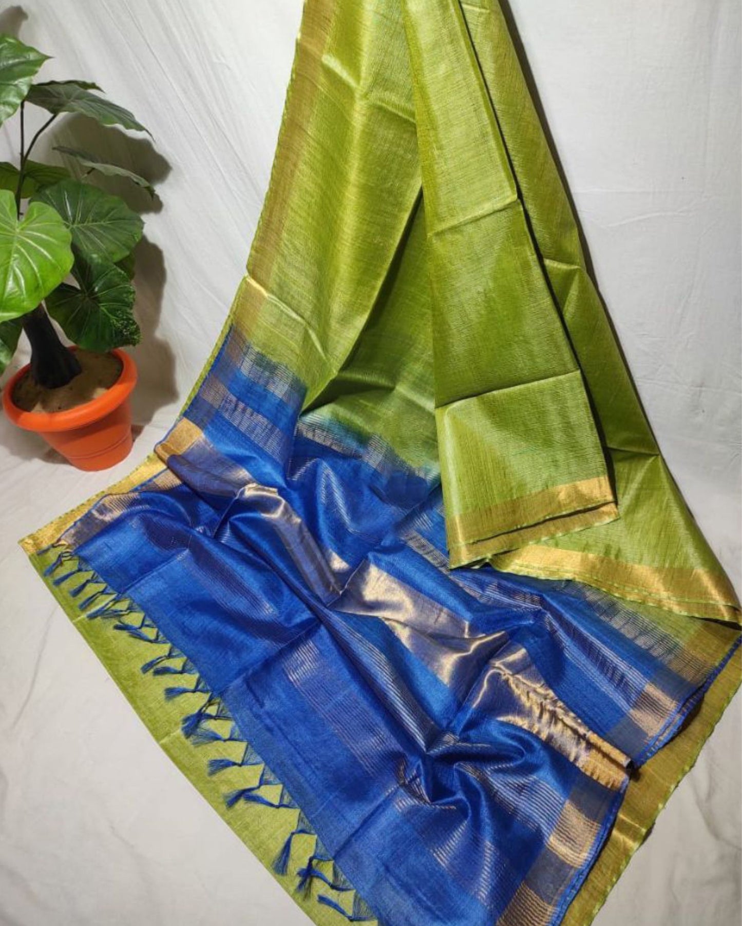 Handcrafted Kota Silk Bright Green & Blue Saree