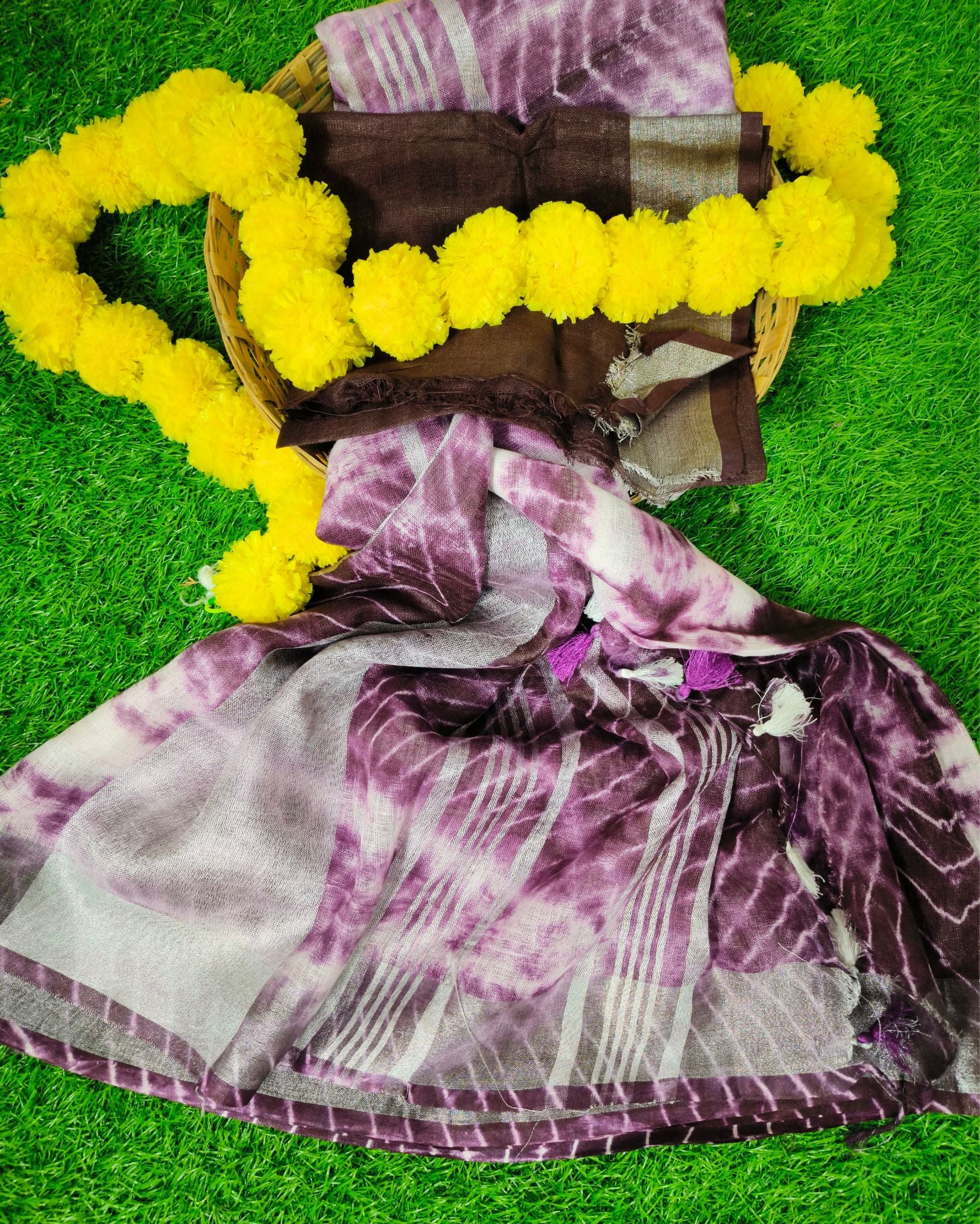 Linen Shibori Hand Dyed Saree Dark Purple Color with Blouse-Indiehaat